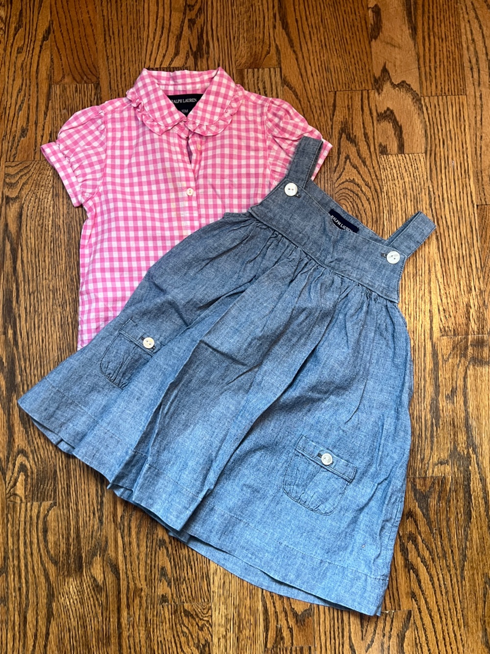 Ralph Lauren Blue Chambray Girls Overall Dress with Pink Gingham Top